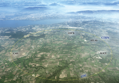 Aerial view of Geneva area with LHC Tunnel position